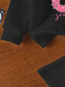 2pcs/Set Young Girl Casual Pink 67 Star Graphic Sweatshirt And Black Flare Pants, Comfortable & Versatile For Autumn, Winter, Spring, Suitable For Daily Wear And Home - Black - View 4