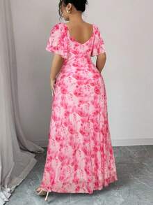 Elenzga Đầm nữ màu hồng in hoa, cổ chữ V, tay bồng, xếp ly, xẻ tà, thích hợp cho ngày Valentine, váy phù dâu thanh lịch cho đám cưới, tiệc tùng, lễ hội, phù hợp cho nhiều dịp khác nhau. - Hồng - Xem 2