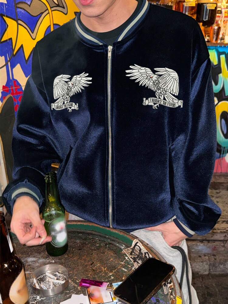 Autumn Velvet Fabric Embroidered Pattern Navy Blue Men's Jacket And Coat