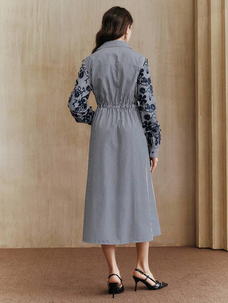 Casual Loose Navy Blue Striped Tie Bow Sleeve Embroidered Floral Wrap Shirt Dress For Women Wrap Dresses For Women Long Sleeve Summer Dresses Striped Dress Women