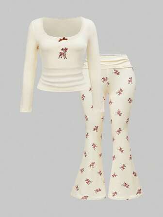 Kawaii Plus Size Cute Deer Embroidery Lace Blouse & Deer Print Flare Pants 2 Pieces Set, Autumn/Winter