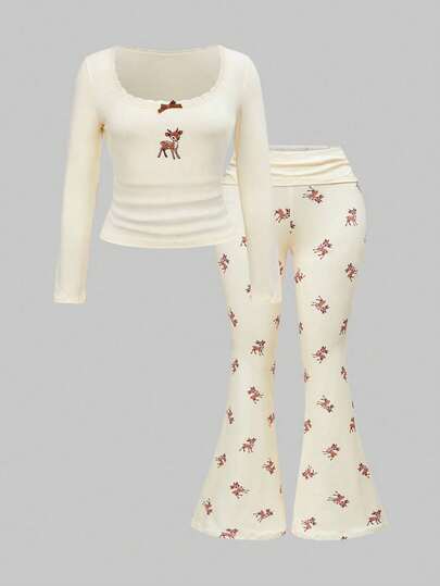 Kawaii Plus Size Cute Deer Embroidery Lace Blouse & Deer Print Flare Pants 2 Pieces Set, Autumn/Winter