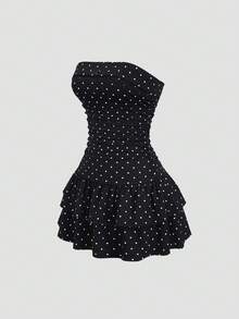 Sweetra New Winter French Fashion Polka Dot Lace Ruffle Bow Design Office Commute Everyday Cute Sweet Style Strapless Bodycon Cinched Waist Tiered Hem Black Elegant Ladies Dress