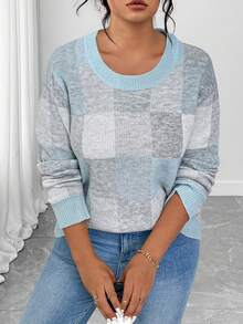 EMERY ROSE Plus Size Elegant Color Block Plaid Crew Neck Long Sleeve Sweater - Blue - View 5