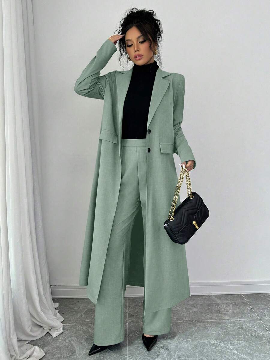 Elenzga Dark Grey Lapel Shoulder Long Suit Pants For Women - Green - View 1