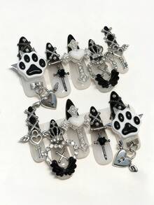 ROMWE Anime 10张Y2K可爱爱心、星星、蝴蝶结、翅膀美甲贴纸，带胶带 - 黑色 - 查看 1