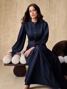 Anewsta 优雅优雅基本款领口长袖系带袖口腰带褶皱下摆女式冬季长袖连衣裙 - 藍色 - 查看 3
