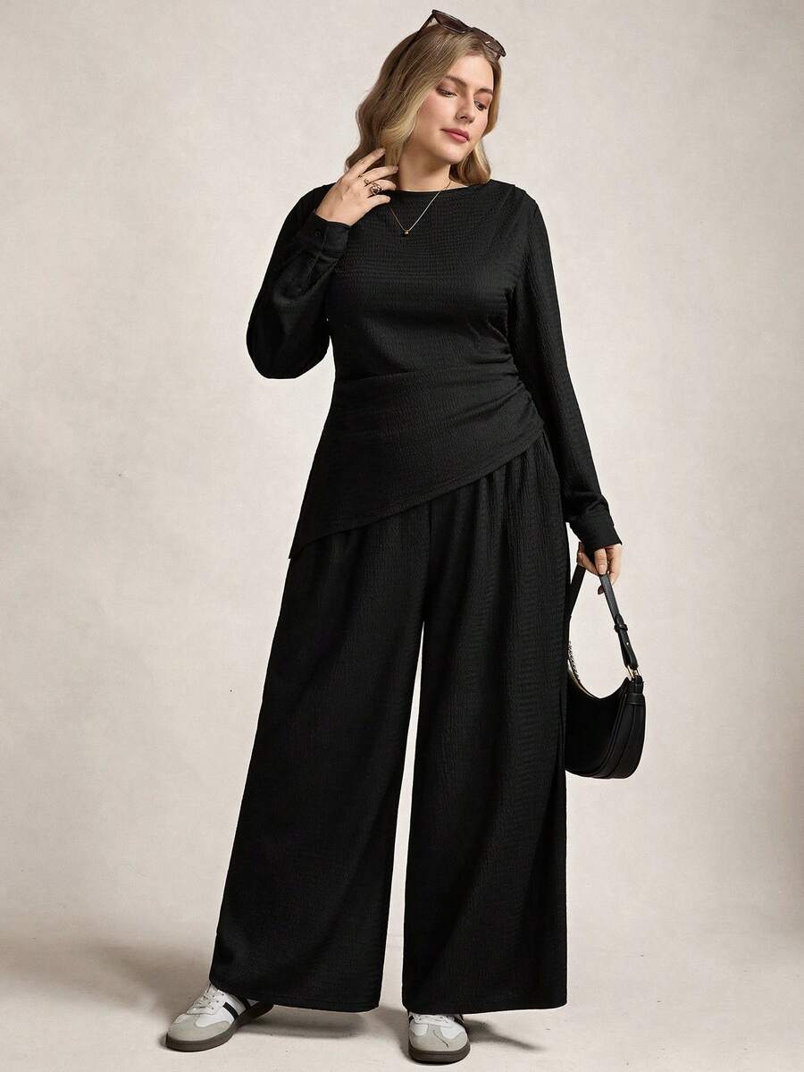 Zelara Plus Size Women 2-Piece Set: Casual Solid Color Knit Asymmetric Hem Waist Ruched T-Shirt And Wide Leg Pants, Suitable For Spring And Autumn Daily Commute Black Top Black Blouse Id AI-Adha Spring Outfit Women Spring Break Outfits