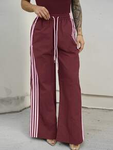 SAYEHFBABY Pantalones deportivos casuales y sueltos con cintura elástica y rayas para mujer - Burdeos - Ver 5