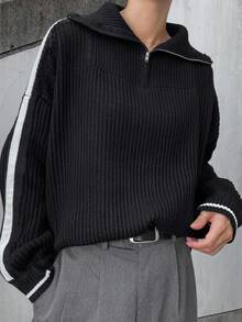 FRIFUL 女式休闲侧条纹印花半拉链长袖毛衣秋冬 - 黑色 - 查看 2