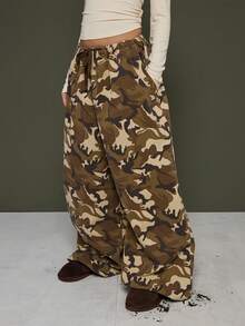 COUREZ 迷彩树印花宽松灯笼裤 Y2K 复古 100% 棉质森林风超大宽松秋冬 Gorpcore 女式下装水洗迷彩 - 棕色 - 查看 5