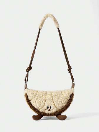 Kawaii Bolso de niña de moda con bloques de color, estampado de dibujos animados, un solo hombro y peludo