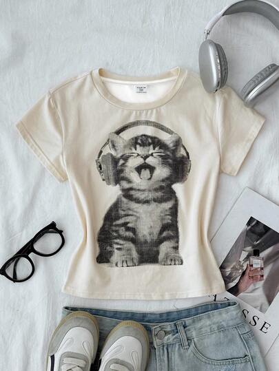 SHEIN Tween Girl Cute Cat Print Fitted Crop Top, Apricot Color, Casual Minimalist Comfortable Round Neck Long Sleeve T-Shirt, Autumn, Easy Comfort, Autumn Layers, Stylish, Casual Wear, Graphic Tees, Back To School, Homecoming