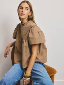 Aralina Damen Lässig Urlaubsstil einfarbige Rüschen Stehkragen Puffärmel Loose Bluse, Sommer