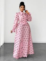 Maweii Plus Size Polka Dot Print Ruffle Valentine's Day Casual Dress