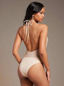 L'Amorae Women Gold Accent Necklace Trim Bodysuit, Backless, Night Out Date Night Valentines - Apricot - View 3