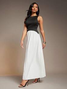 L'Amorae Women Color Block Midi Dress, Elegant Wedding Guest Date Night Outfit Valentines - Black and White - View 3
