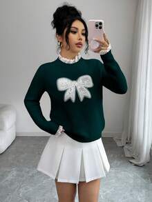 Elenzga Maglione elegante da donna con scollo tondo, decorato con pizzo e fiocco - Verde Scuro - Visualizzare 1