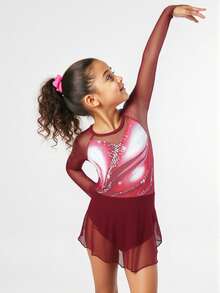 Young Girls Burgundy Long Sleeve Round Neck Figure Skating Dress High Elasticity Printed Snug Fit Comfortable Shaping Sportswear, Suitable For All Seasons