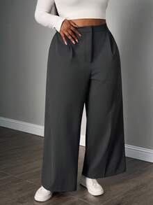 SHEIN PETITE CURVE Quần ống rộng đơn giản xếp ly trơn cỡ lớn - Xám - Xem 4
