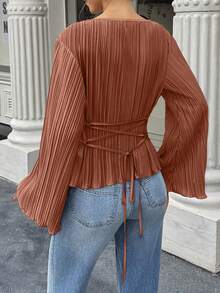 Elenzga 秋冬款宽圆领喇叭袖收腰褶皱衬衫 - 亮橙色 - 查看 2