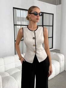 SHEIN Clasi 女士金属单排扣马甲裤套装，优雅百搭，适合通勤、外出和聚会 - 彩色 - 查看 4