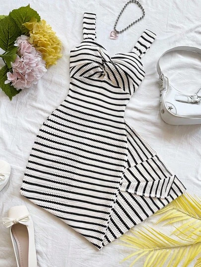 Soleia Plus Size Women's Black & White Striped Twist Design Midi Dress