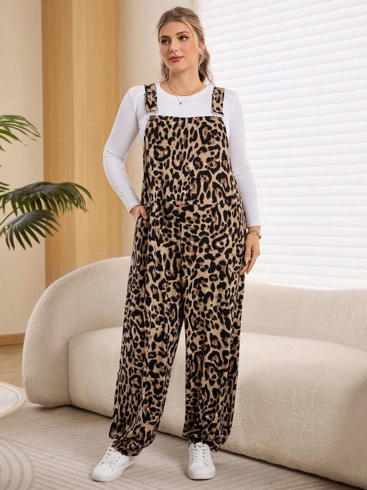 Plus Size Women Leopard Print Pocketed Wide Leg Loose Casual Jumpsuit,  Suitable For Spring And , Going Out Outfits,  New Clothes, Simple And Fashionable For Everyday Wear, Plus Size , Comfortable And Breathable,  Outfit For Women, New Year Clothes, Suitable For Multiple Occasions, , Date Night Outfits Women, Night Party, Elegant Party, Date Night Outfits Women, Thanksgiving Outfit For Women,