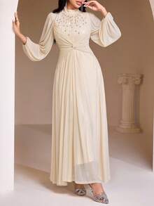 Veilorie Nuevo diseño de vestido de cóctel elegante con decoración de strass y cintura ceñida - Beis - Ver 2