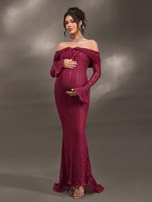 Cheriluna Maternity 优雅露肩白色蕾丝长袖鱼尾长裙，适合婚礼、派对、迎婴派对、孕妇写真、洗礼等场合。 - 中紫紅色 - 查看 6