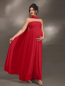 Cheriluna Maternity Elegant Ruffle Detail Solid Color Off-Shoulder Sleeveless Maternity Dress For Baby Shower, Christmas Party - Red - View 7