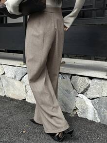 DAZY Women's High Waist Herringbone Pleated Wide Leg Loose Casual Pants - Khaki - View 5