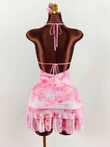 Amplova Vestido mini con escote en V profundo, volantes, lazo y estampado floral con volante en el bajo - Rosa - Ver 7