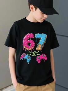 Boys' Black Casual Short Sleeve T-Shirt,Summer School Creative Colorful Candy Pixel Game Print,Comfortable Stylish All-Match Tee For Fall Daily Wear - Black - View 4