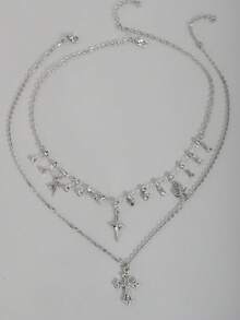 ROMWE Goth 2件套朋克复古风水钻星星吊坠项链，奢华镶钻双层星星链项链，街头风颈链 - C-銀色 - 查看 3