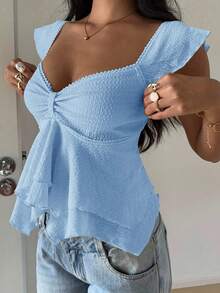 SHEIN EZwear Áo thun nữ dệt kim họa tiết, tay ngắn, viền bèo nhún, cổ tim, kiểu dáng thanh lịch, thích hợp cho các buổi tiệc rave. - Màu xanh lam - Xem 5