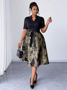 Maweii Elegant Plus Size Knitted A-Line Dress With Notched Neck And Half Sleeves Knee Length Flared Multicolor Plants Pattern - Multicolor - View 5