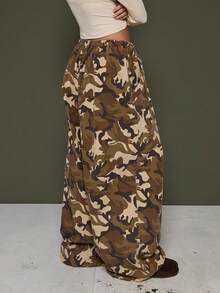 COUREZ 迷彩树印花宽松灯笼裤 Y2K 复古 100% 棉质森林风超大宽松秋冬 Gorpcore 女式下装水洗迷彩 - 棕色 - 查看 6