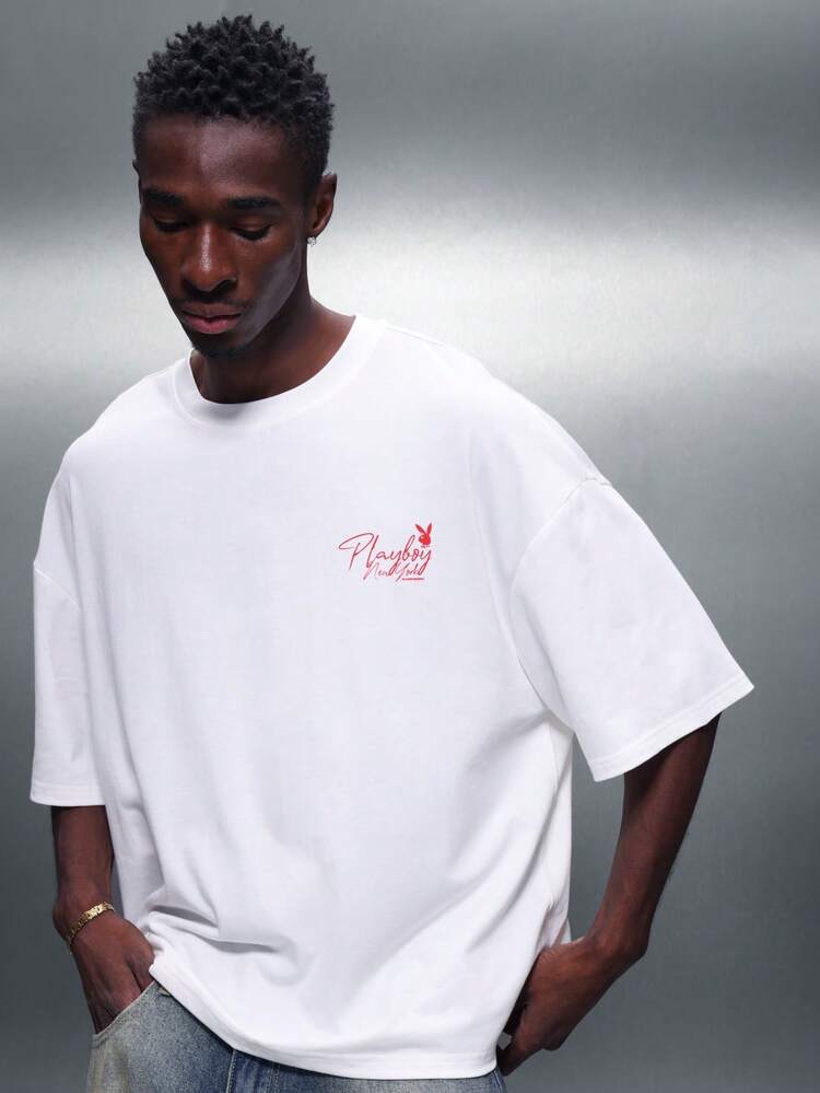 PLAYBOY X SUMWON Men's Graphic Print Boxy Fit Elbow Length Sleeve Crew Neck Casual Cotton Blend Tee Shirt Relaxed Streetwear Top