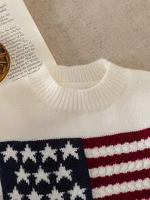 SHEIN Young Girl Casual Loose Crew Neck Long Sleeve Sweater Kids American Flag Independence Day Kids 4 July - White - View 3
