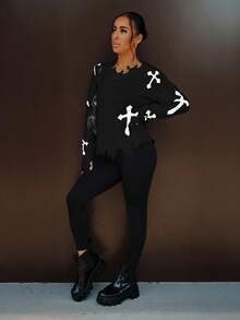 SAYEHFBABY Women's Casual Cross Pattern Distressed Sweater, Autumn/Winter Knit Pullover Fall Outfit - Black - View 1