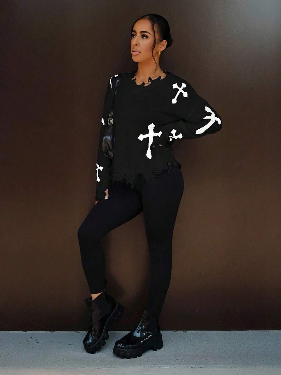 SAYEHFBABY Women's Casual Cross Pattern Distressed Sweater, Autumn/Winter Knit Pullover Fall Outfit - Black - View 1