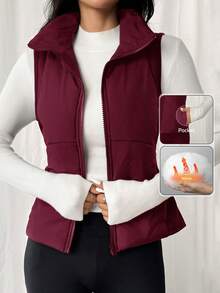 SHEIN EZwear 女士酒红色拉链领休闲羽绒背心外套，圣诞节和情人节外套 - 酒紅色 - 查看 1