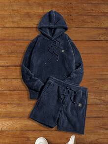 HIMLAND Men's Autumn/Winter Letter Graphic Fleece Hoodie And Shorts Casual Knit 2 Pieces Set Men Hoodie Set Men Fuzzy Set Men Two Piece Set Men Navy Blue Two Piece Set Men Casual Two Piece Set - Royal Blue - View 2