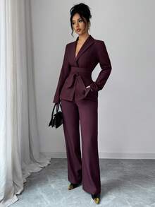 Elenzga Bộ vest 2 món dành cho nữ, có cổ ve, nút cài phía trước, gấu xẻ, túi bên hông, nơ thắt eo, áo khoác blazer tay dài kết hợp với quần ống rộng cạp chun, màu đỏ Angora, phong cách Pháp cổ điển thanh lịch cho công sở/đi làm/công tác/nghỉ dưỡng/thường ngày/đường phố, trang phục dự tiệc/giáng sinh/lễ tạ ơn/trà chiều/năm mới sang trọng, thu/đông - Màu Tím - Xem 8