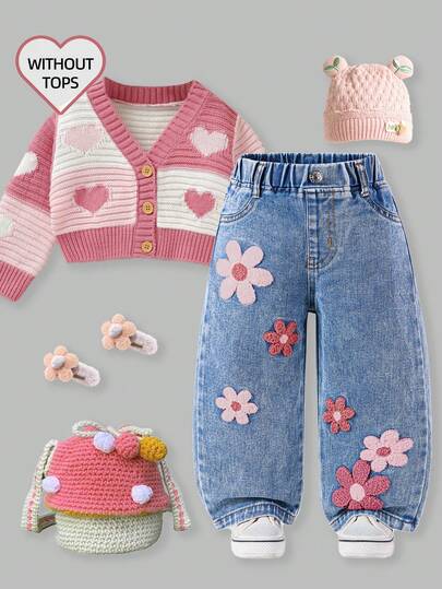 Jeans de pierna ancha con lavado y estampado floral de copo de nieve de moda para niña