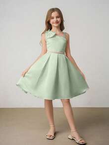 Tween Girls' Waist Asymmetric Elegant Sage Green Wedding Party Mini Dress, Graduation, Outfit - Mint Green - View 6
