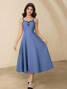 Teen Girl Round Neck Long Sleeve Cardigan Jacket + Spaghetti Strap Dress Set, Elegant Outfit For Party, Gathering, Back To School - Blue - View 3