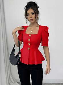 Elenzga 女士夏季衬衫，方领，短袖，金属纽扣装饰，做旧下摆，收腰设计，梭织面料，优雅百搭，日常穿着 - 紅色 - 查看 6