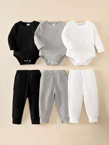 SHEIN 6件套男婴套装，包含3件彩色针织长袖连体衣和3条松紧腰裤，适合所有季节，日常穿着，可叠穿，适合3-24个月的婴儿，男女通用新生儿连体衣